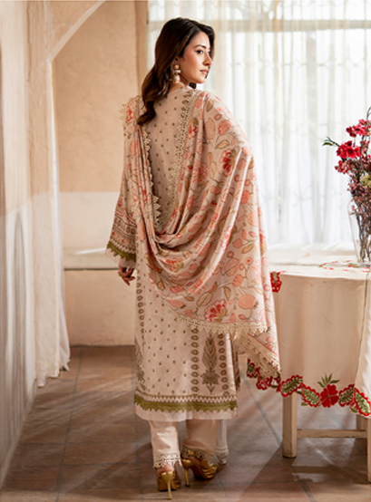 Soft Pastel Embroidered 3-Piece khaddar Suit with printed (Floral Dupatta)