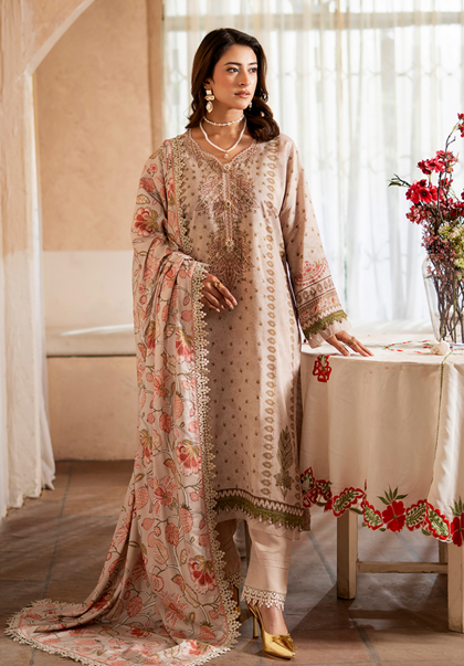 Soft Pastel Embroidered 3-Piece khaddar Suit with printed (Floral Dupatta)