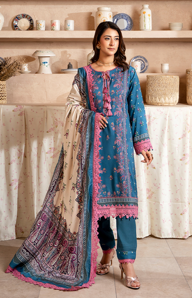 Teal Blue & Pink printed 3-Piece khaddar Suit (Printed Dupatta)
