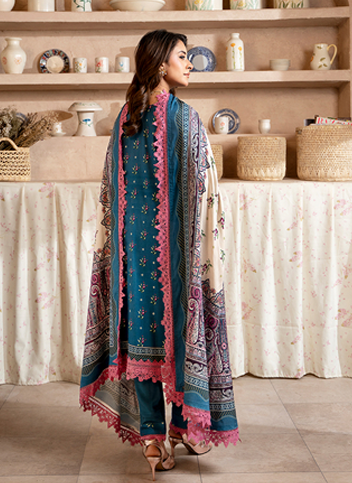 Teal Blue & Pink printed 3-Piece khaddar Suit (Printed Dupatta)