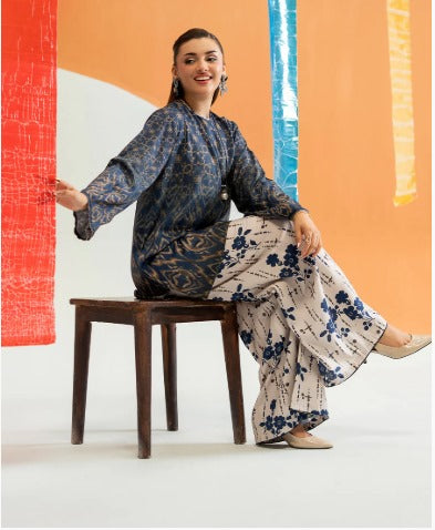 Navy Blue Printed Kurti With Floral Wide-Leg Trouser – 2 Piece