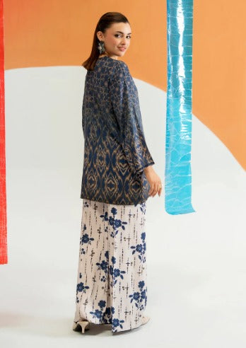 Navy Blue Printed Kurti With Floral Wide-Leg Trouser – 2 Piece