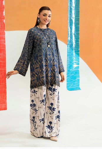 Navy Blue Printed Kurti With Floral Wide-Leg Trouser – 2 Piece