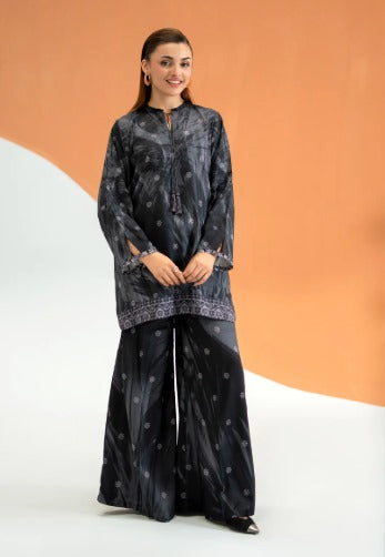 Black Printed Two-Piece linen  – Kurti &amp; Wide-Leg Trouser Set