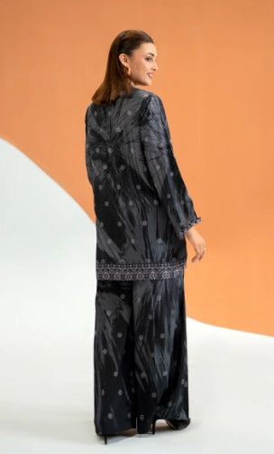 Black Printed Two-Piece linen  – Kurti &amp; Wide-Leg Trouser Set