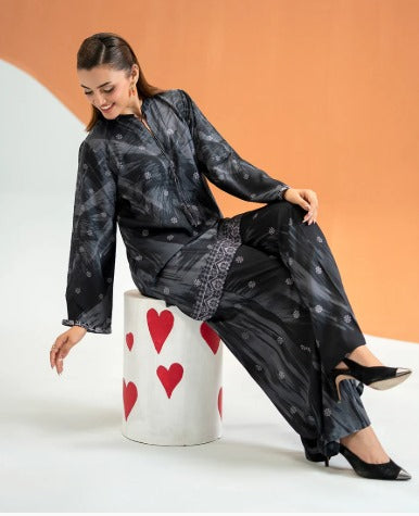 Black Printed Two-Piece linen  – Kurti &amp; Wide-Leg Trouser Set