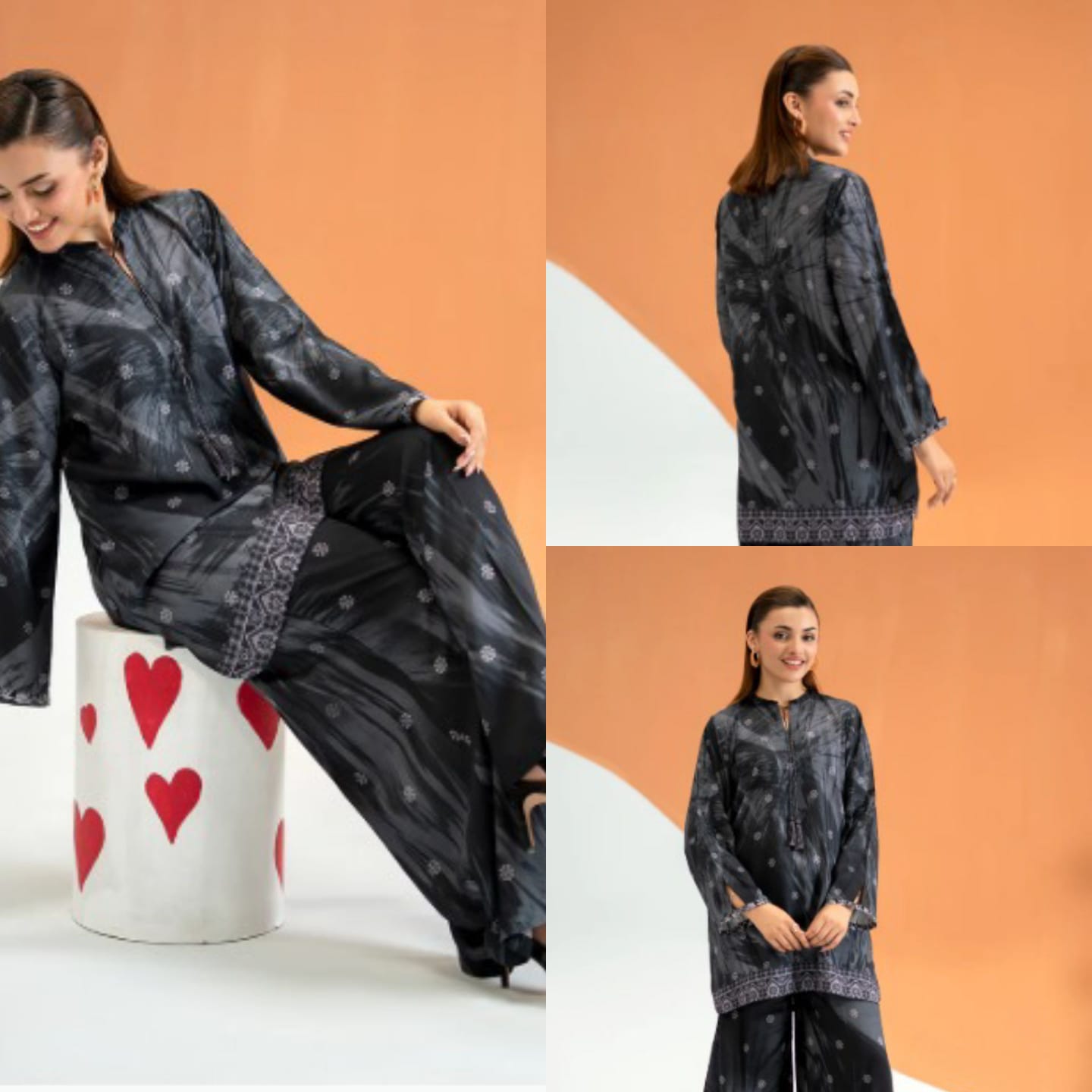 Black Printed Two-Piece linen  – Kurti &amp; Wide-Leg Trouser Set