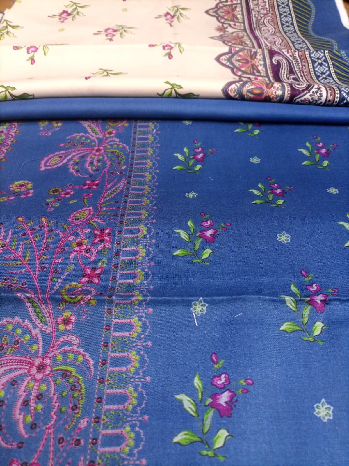 Teal Blue & Pink printed 3-Piece khaddar Suit (Printed Dupatta)