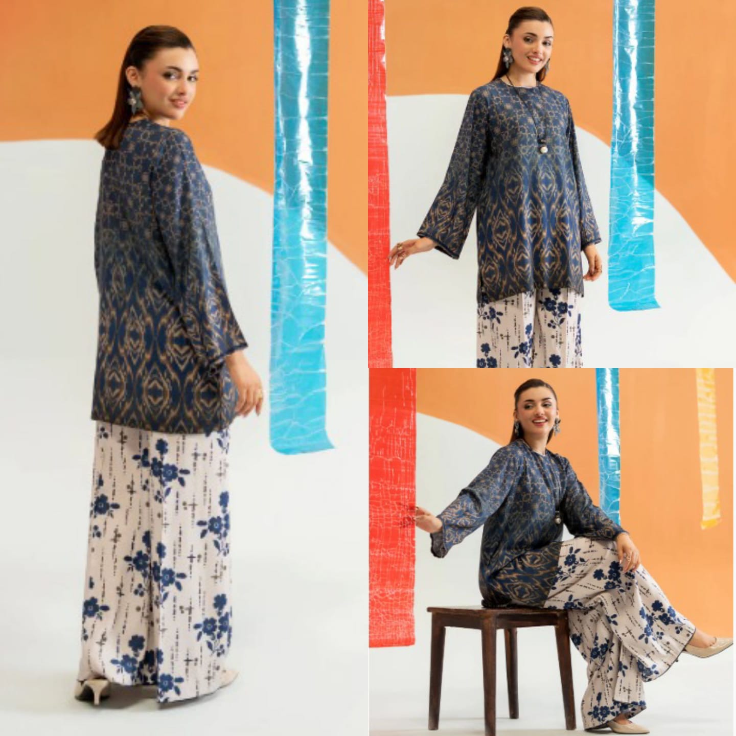 Navy Blue Printed Kurti With Floral Wide-Leg Trouser – 2 Piece